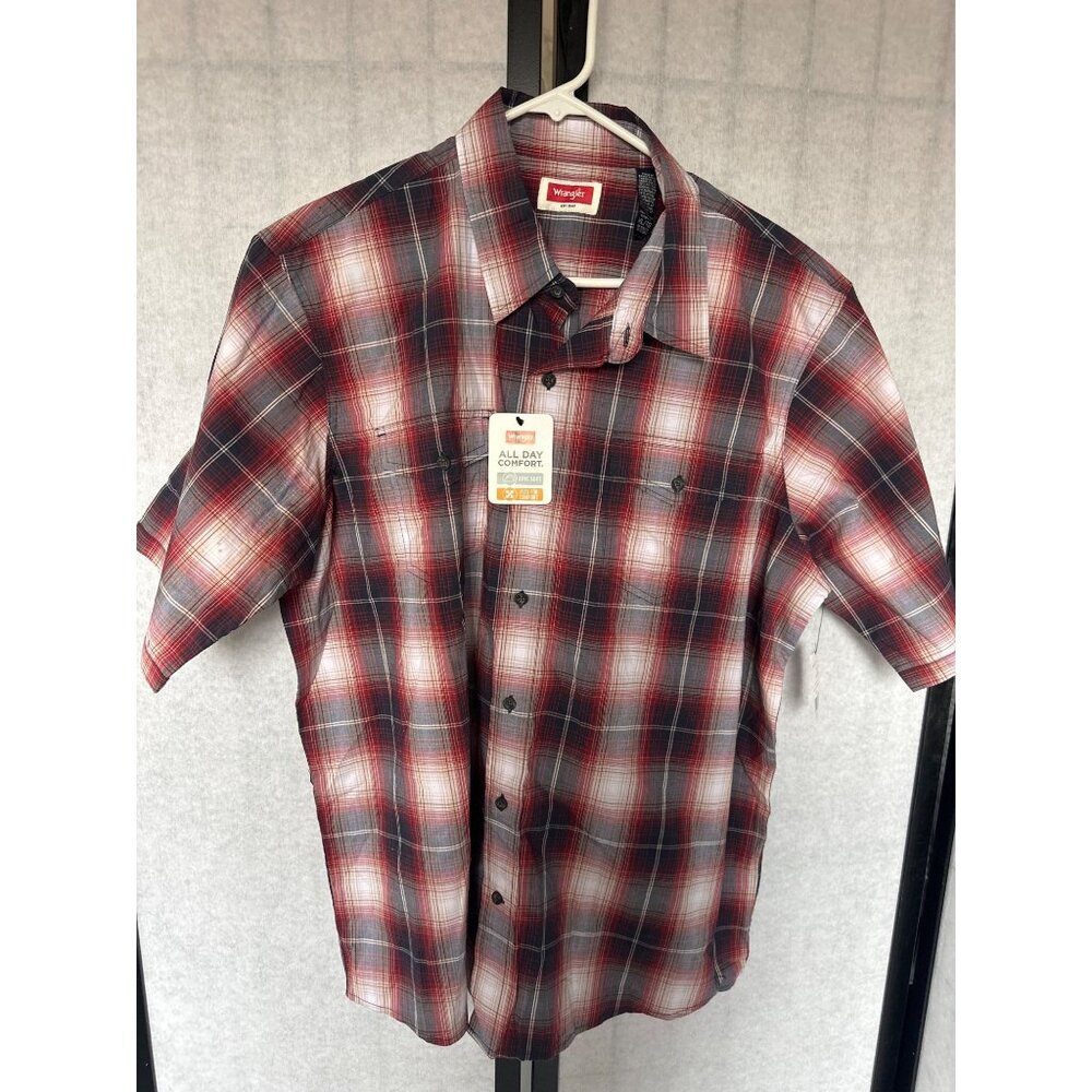 Wrangler Mens XL Plaid Short Sleeve Button Up Shirt‎ Red/White/Blue Classic Fit